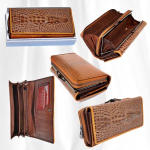 Portofel din piele naturala, lacuita maro, model in relief 3d, aligator 19 x 10 cm Magrot 20244
