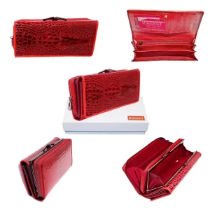 Portofel din piele naturala, lacuita rosu, model in relief 3d, aligator 19 x 10 cm Magrot 20249 