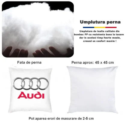 Perna cu sigla Audi, Fata de perna si burduf detasabil 45 x 45, bumbac Magrot 24048 alb