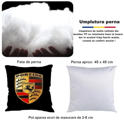 Perna cu sigla Porsche, Fata de perna si burduf detasabil 45 x 45, bumbac Magrot 24047 negru