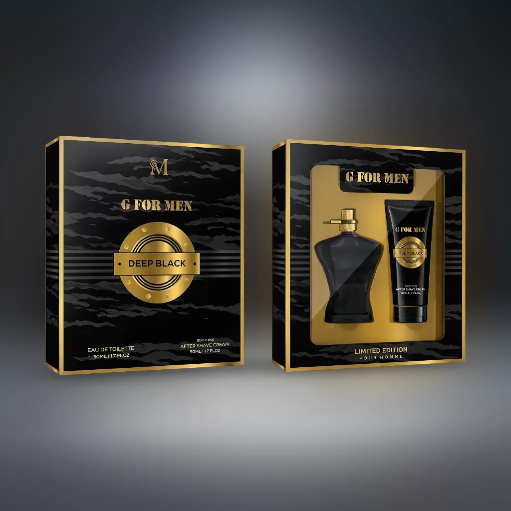 Set cadou barbati Deep Black parfum si gel dus, fresh oriental Magrot 25067 5 Set cadou barbati Deep Black ambalaj elegant negru cu auriu