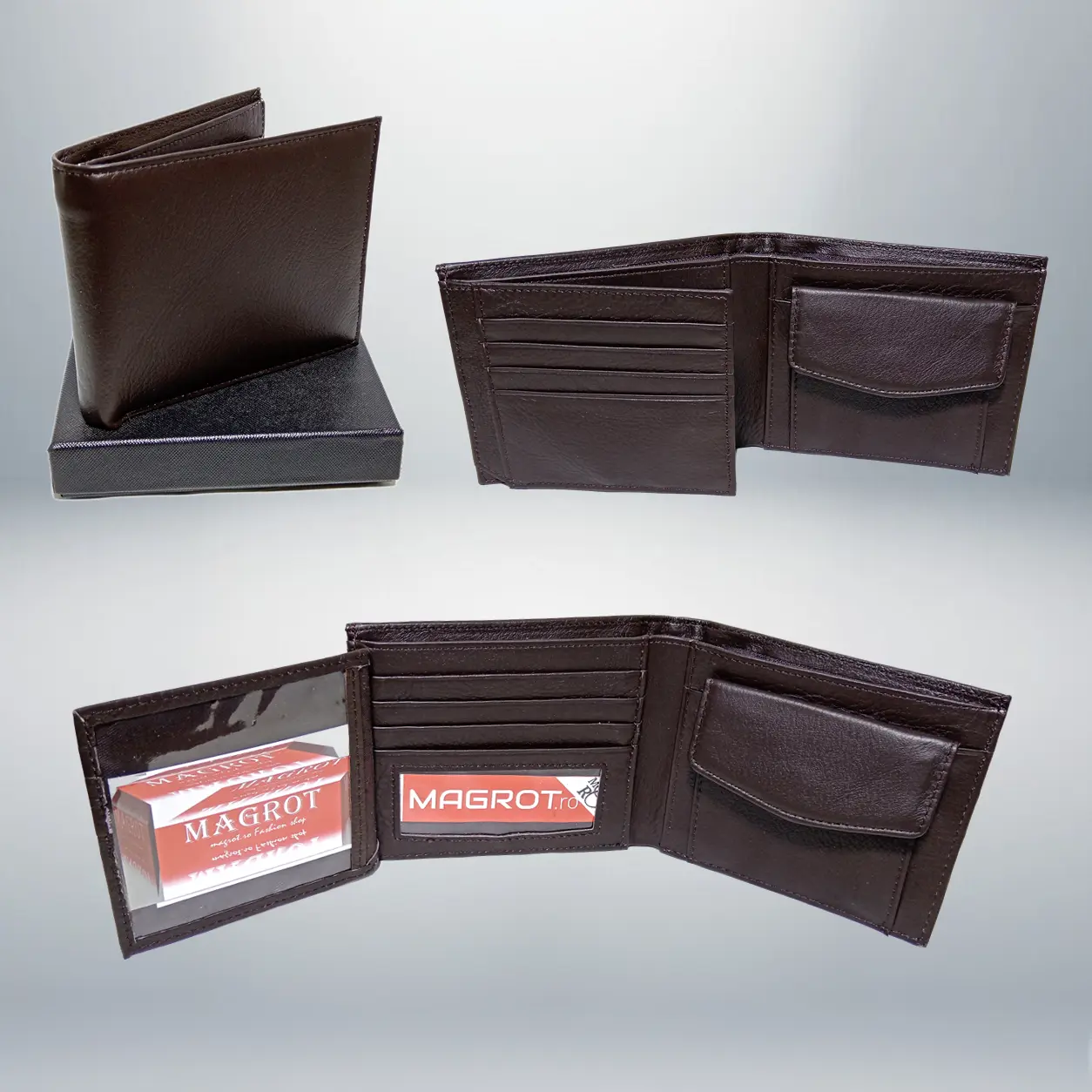Portofel Barbati din Piele Naturala, Business, 7 Spatii Carduri, Buzunar Monede, Compartiment Bancnote, Documente CI, Maro, 12x10x2 cm, MAGROT 26030 2 Portofel barbati din piele naturala cu compartimente pentru carduri bancnote si monede