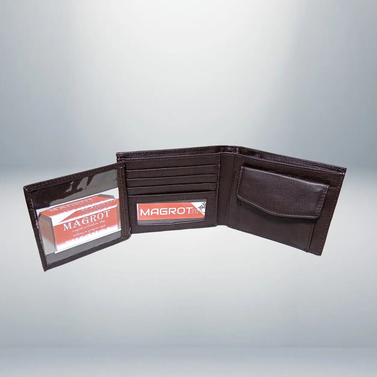 Portofel Barbati din Piele Naturala, Business, 7 Spatii Carduri, Buzunar Monede, Compartiment Bancnote, Documente CI, Maro, 12x10x2 cm, MAGROT 26030 4 Portofel barbati din piele naturala cu fereastra pentru documente si compartimente carduri