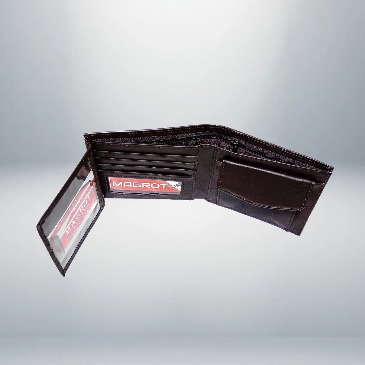 Portofel Barbati din Piele Naturala, Business, 7 Spatii Carduri, Buzunar Monede, Compartiment Bancnote, Documente CI, Maro, 12x10x2 cm, MAGROT 26030 5 Portofel barbati piele naturala maro inchis cu compartiment bancnote si fermoar ascuns