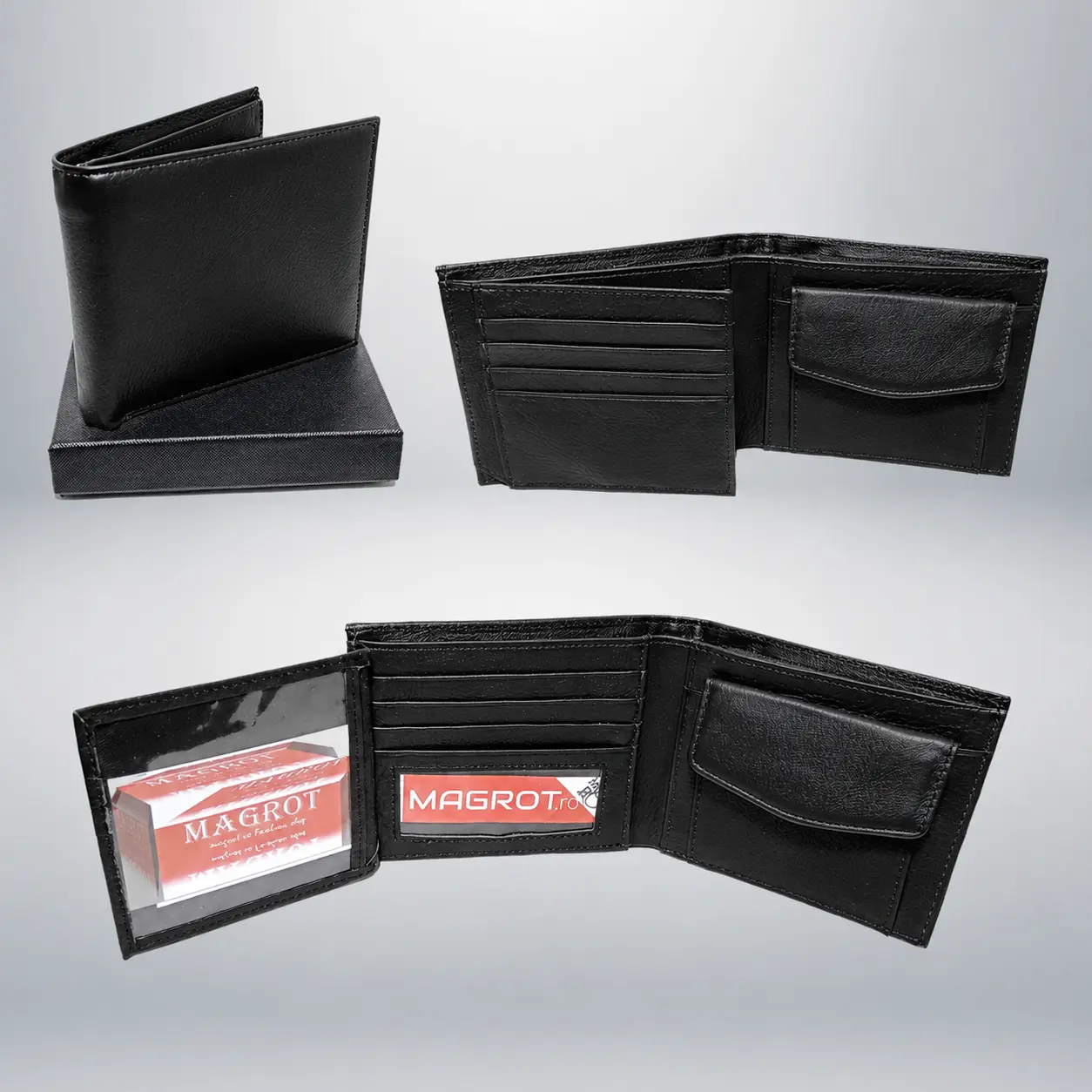 Portofel Barbati din Piele Naturala, Business, 7 Spatii Carduri, Buzunar Monede, Compartiment Bancnote, Documente CI, Negru, 12x10x2 cm, MAGROT 26031 5 Portofel barbati din piele naturala cu compartimente pentru carduri bancnote si monede