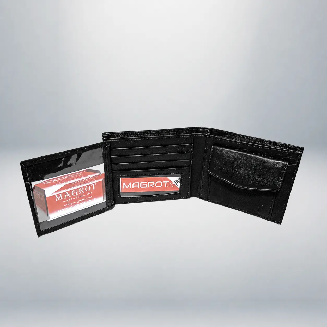 Portofel Barbati din Piele Naturala, Business, 7 Spatii Carduri, Buzunar Monede, Compartiment Bancnote, Documente CI, Negru, 12x10x2 cm, MAGROT 26031 3 Portofel barbati din piele naturala cu fereastra pentru documente si compartimente carduri