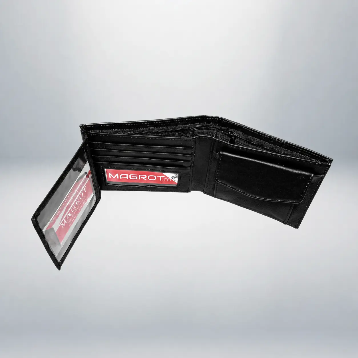 Portofel Barbati din Piele Naturala, Business, 7 Spatii Carduri, Buzunar Monede, Compartiment Bancnote, Documente CI, Negru, 12x10x2 cm, MAGROT 26031 4 Portofel barbati piele naturala negru cu compartiment bancnote si fermoar ascuns