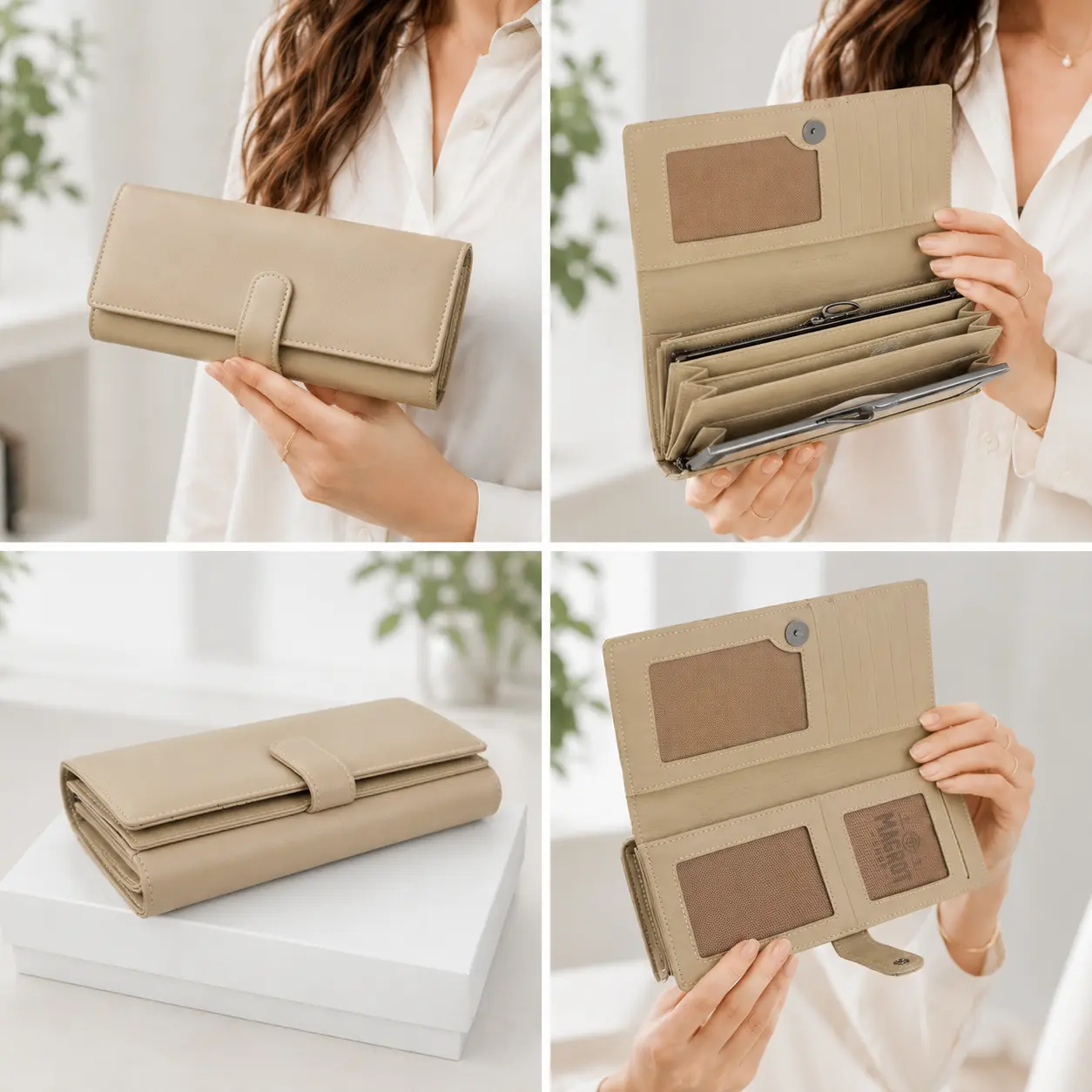 Portofel Dama Luxury din Piele Naturala bej, Compartimentare Dubla 2 in 1, Portcard, Compartiment Bancnote, Monede si Documente, Magrot 26025 2 Colaj portofel dama premium cu compartimente pentru bancnote carduri si documente 2 in 1