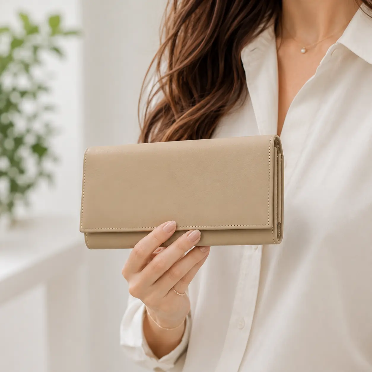 Portofel Dama Luxury din Piele Naturala bej, Compartimentare Dubla 2 in 1, Portcard, Compartiment Bancnote, Monede si Documente, Magrot 26025 3 Portofel dama luxury din piele naturala neteda bej vedere frontala prezentare