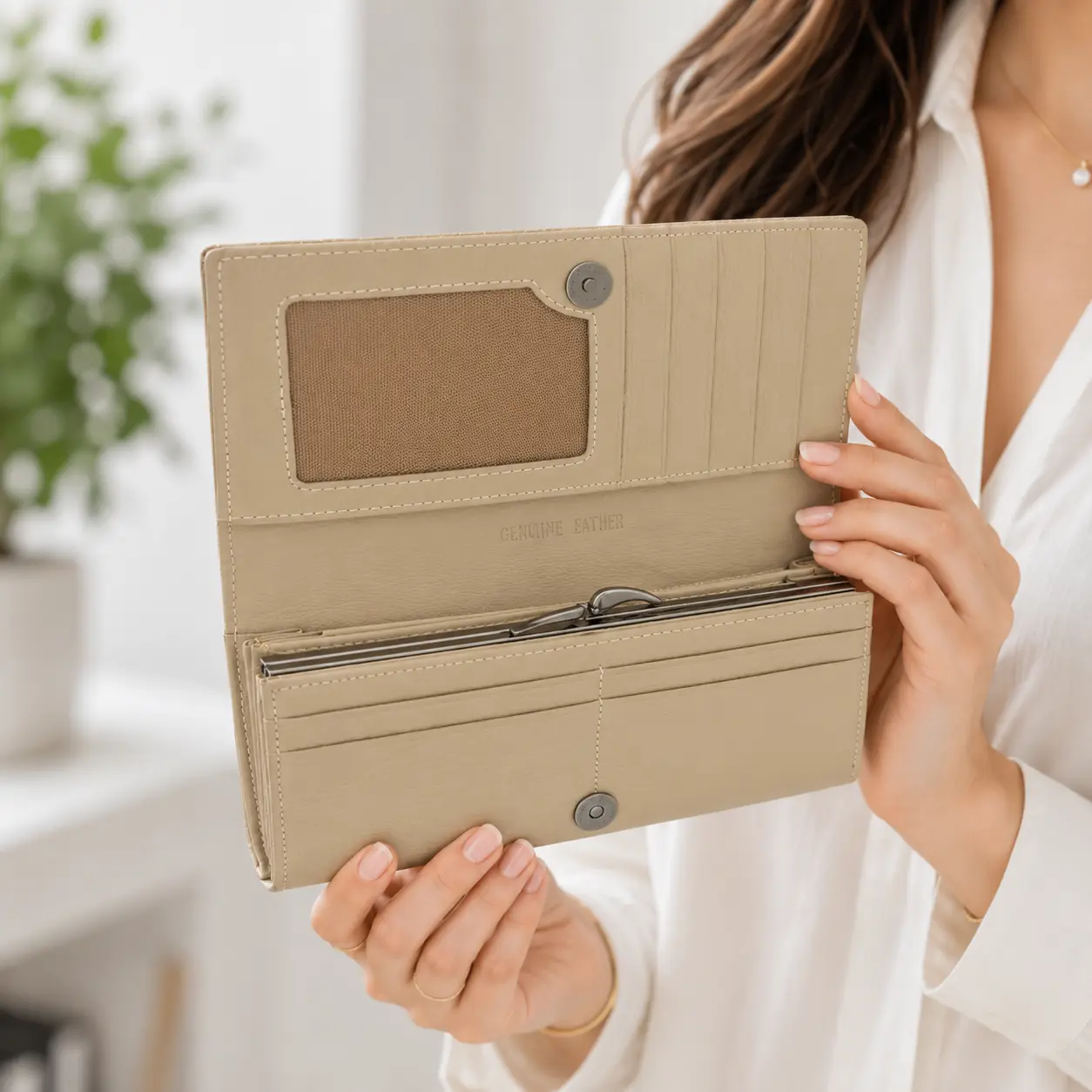 Portofel Dama Luxury din Piele Naturala bej, Compartimentare Dubla 2 in 1, Portcard, Compartiment Bancnote, Monede si Documente, Magrot 26025 4 Portofel dama elegant din piele naturala Bej ideal pentru cadou premium
