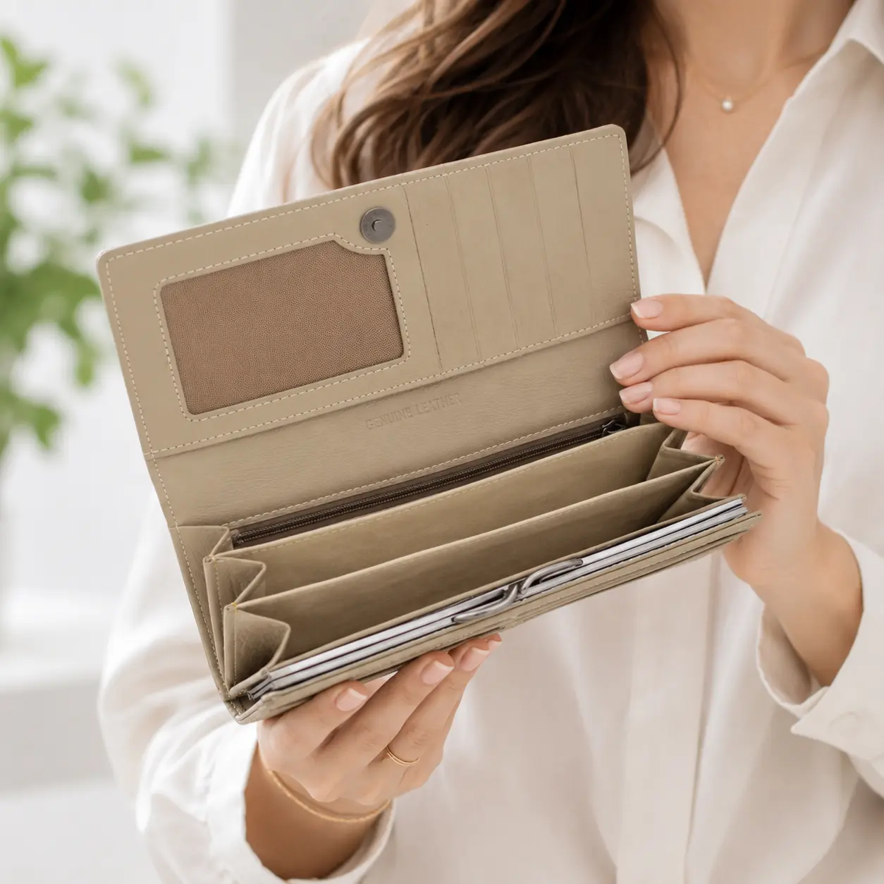 Portofel Dama Luxury din Piele Naturala bej, Compartimentare Dubla 2 in 1, Portcard, Compartiment Bancnote, Monede si Documente, Magrot 26025 5 Portofel dama din piele Bej cu organizare completa pentru utilizare zilnica