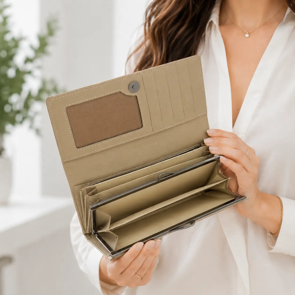 Portofel Dama Luxury din Piele Naturala bej, Compartimentare Dubla 2 in 1, Portcard, Compartiment Bancnote, Monede si Documente, Magrot 26025 6 Portofel dama din piele Bej cu organizare completa si deschidere zona de maruntis pentru utilizare zilnica