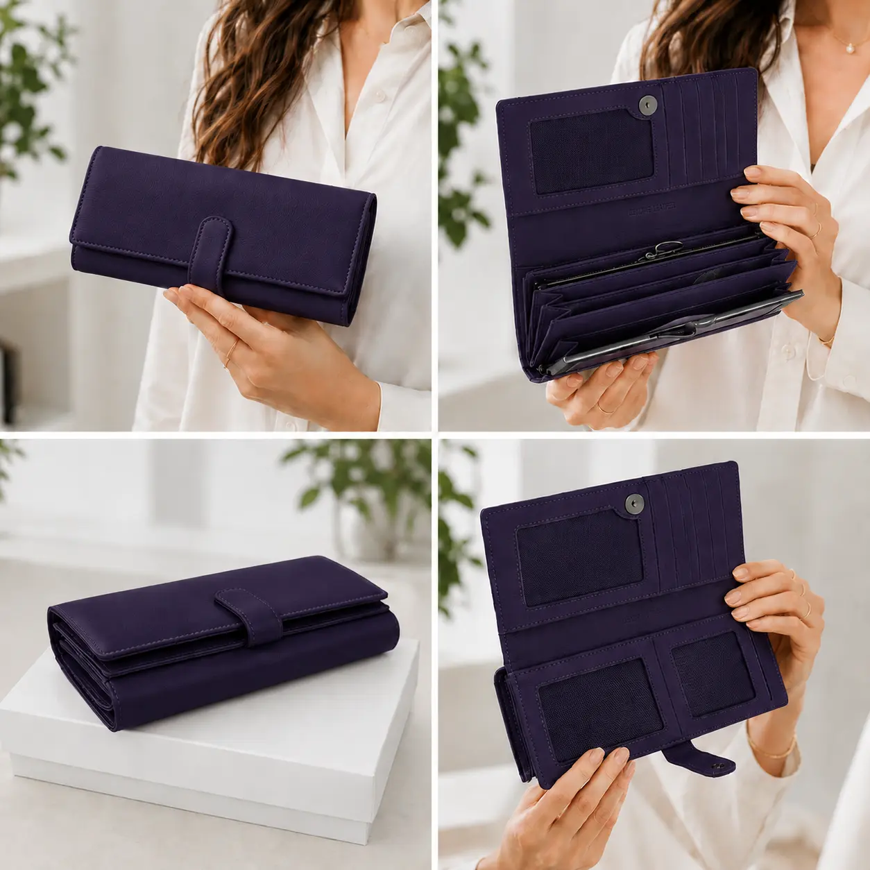 Portofel Dama Luxury din Piele Naturala mov, Compartimentare Dubla 2 in 1, Portcard, Compartiment Bancnote, Monede si Documente, Magrot 26029 2 Colaj portofel dama Mov premium cu compartimente pentru bancnote carduri si documente 2 in 1