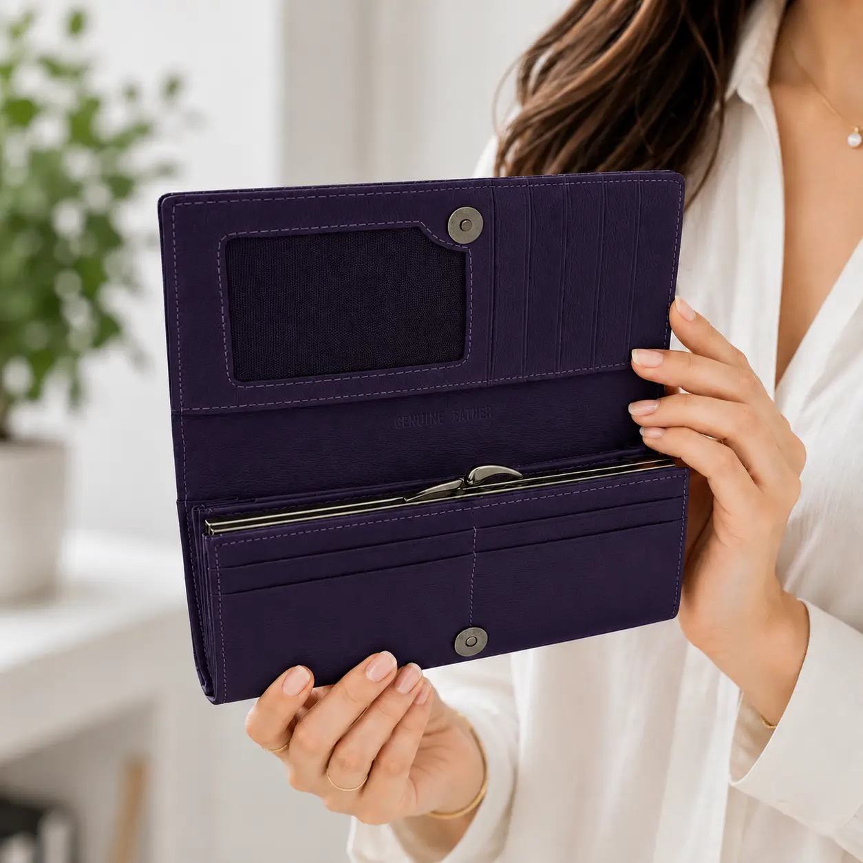 Portofel Dama Luxury din Piele Naturala mov, Compartimentare Dubla 2 in 1, Portcard, Compartiment Bancnote, Monede si Documente, Magrot 26029 4 Portofel dama elegant din piele naturala mov ideal pentru cadou premium