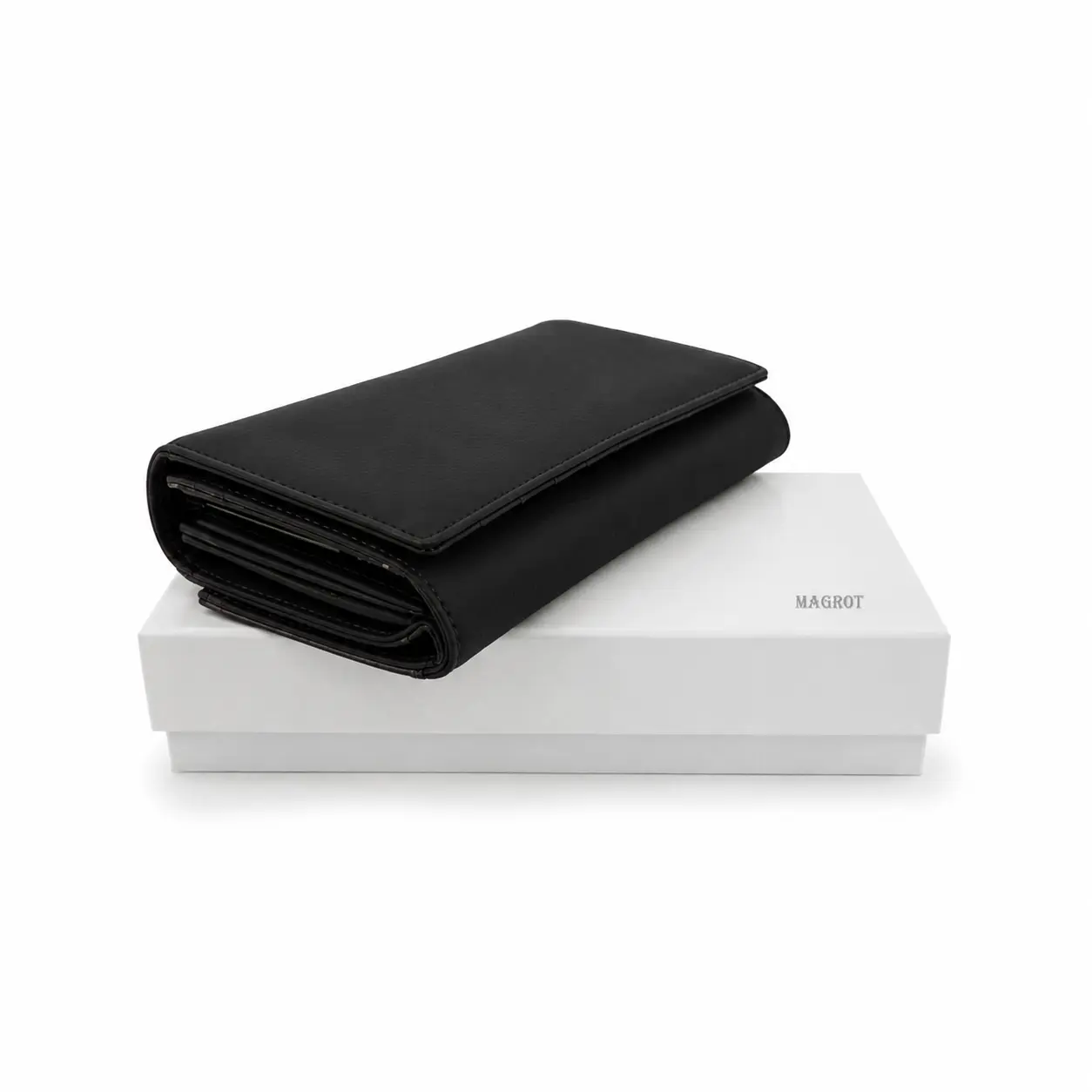 Portofel Dama Luxury din Piele Naturala negru, Compartimentare Dubla 2 in 1, Portcard, Compartiment Bancnote, Monede si Documente, Magrot 26027 1 Portofel dama din piele naturala negru premium asezat pe cutia cadou originala