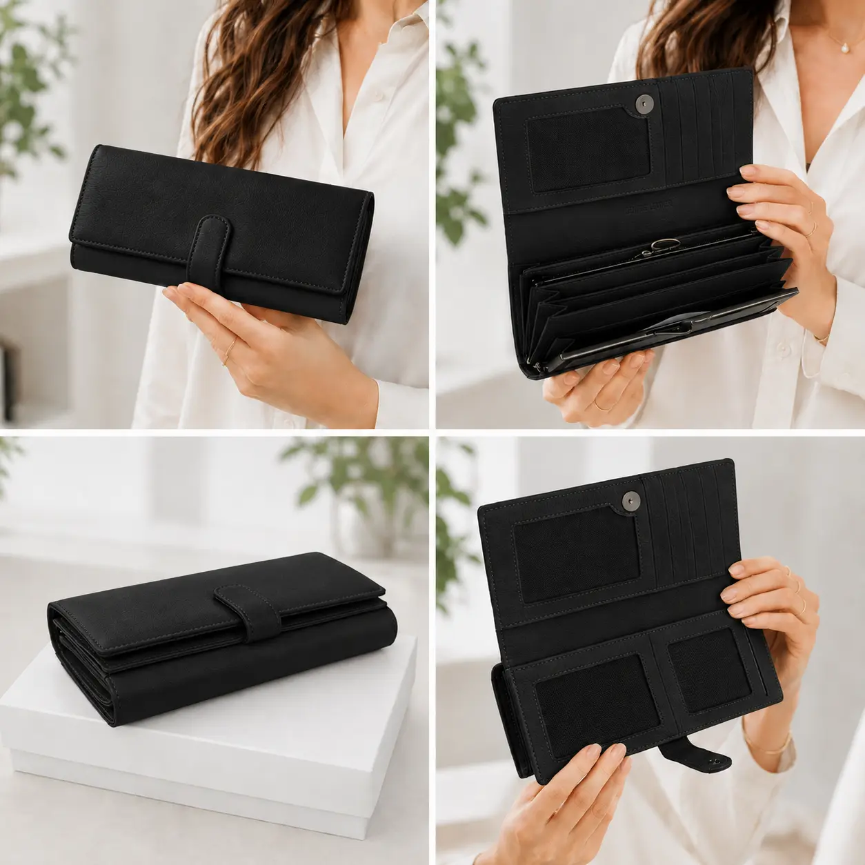 Portofel Dama Luxury din Piele Naturala negru, Compartimentare Dubla 2 in 1, Portcard, Compartiment Bancnote, Monede si Documente, Magrot 26027 2 Colaj portofel dama negrupremium cu compartimente pentru bancnote carduri si documente 2 in 1