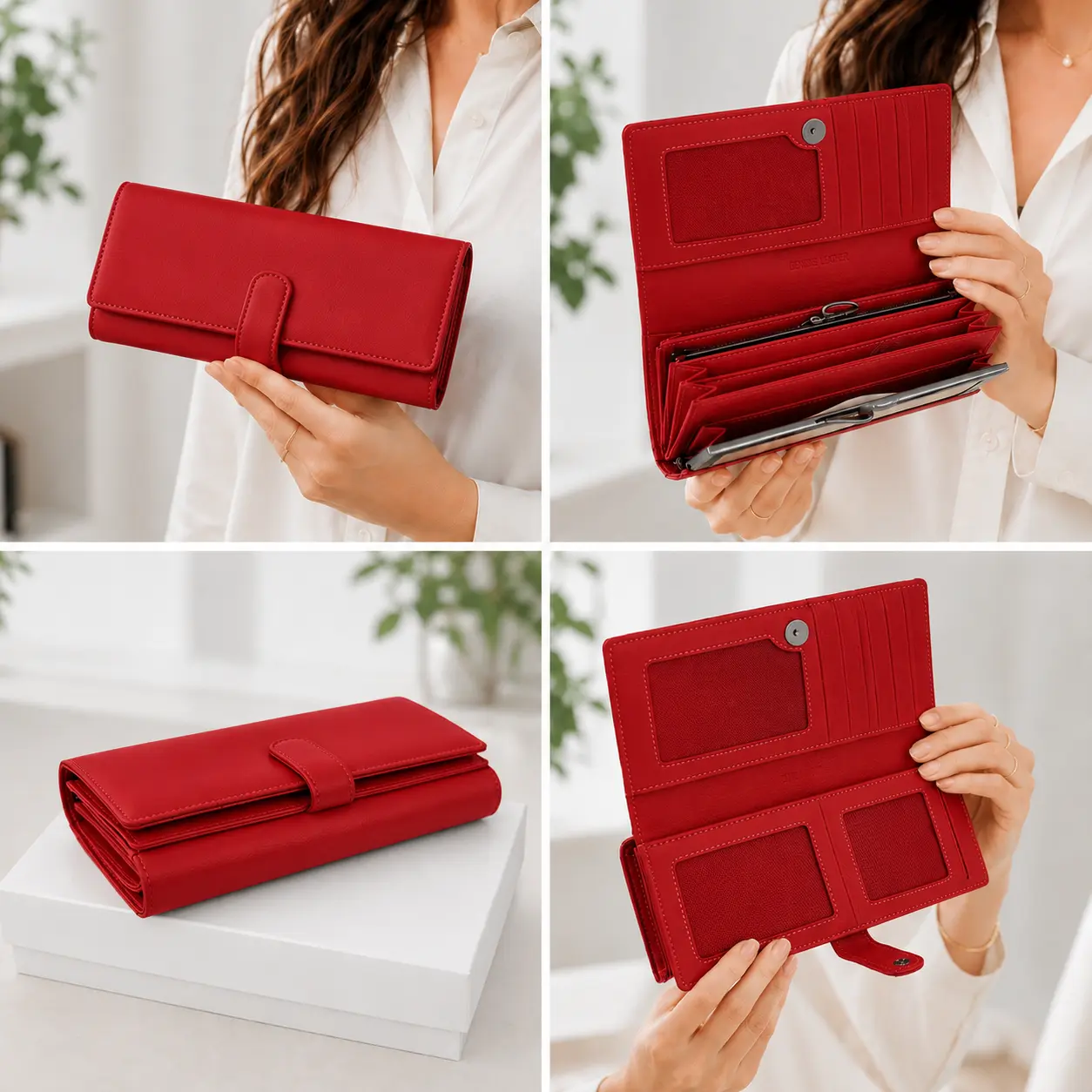 Portofel Dama Luxury din Piele Naturala rosu, Compartimentare Dubla 2 in 1, Portcard, Compartiment Bancnote, Monede si Documente, Magrot 26028 2 Colaj portofel dama Rosu premium cu compartimente pentru bancnote carduri si documente 2 in 1