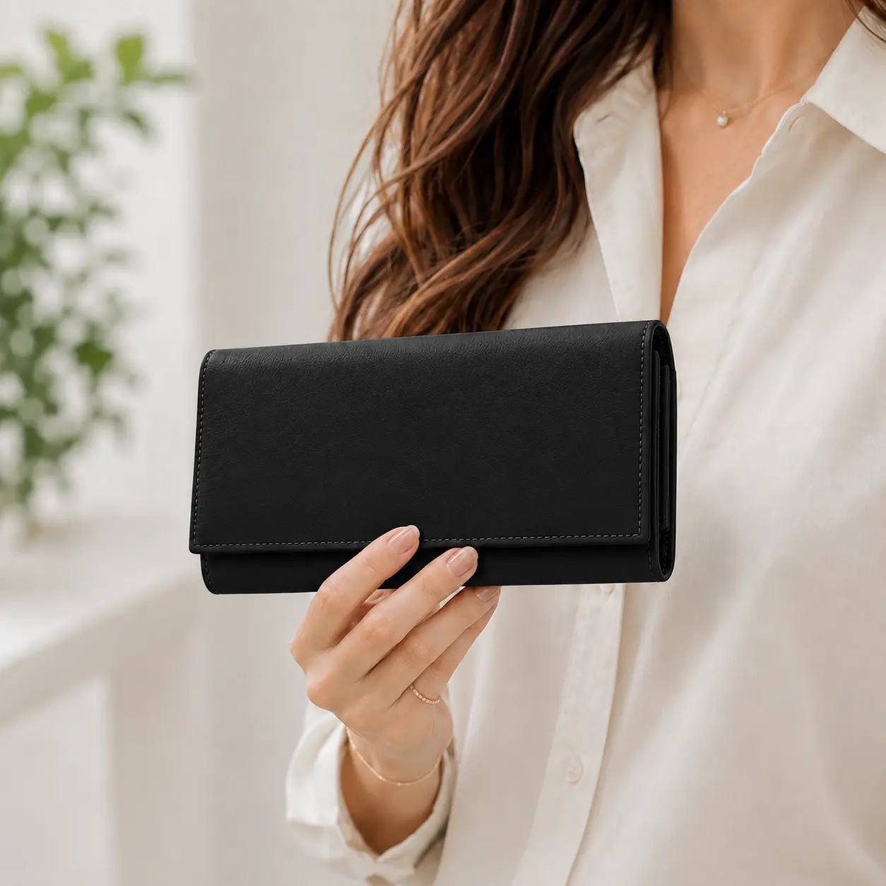 Portofel Dama Luxury din Piele Naturala negru, Compartimentare Dubla 2 in 1, Portcard, Compartiment Bancnote, Monede si Documente, Magrot 26027 3 Portofel dama luxury din piele naturala neteda negru vedere frontala prezentare