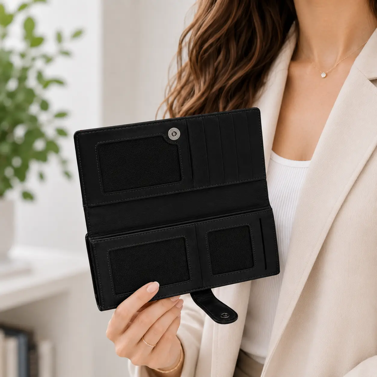Portofel Dama Luxury din Piele Naturala negru, Compartimentare Dubla 2 in 1, Portcard, Compartiment Bancnote, Monede si Documente, Magrot 26027 8 Compartiment secundar al portofelului Negru pentru documente carte de identitate si carduri