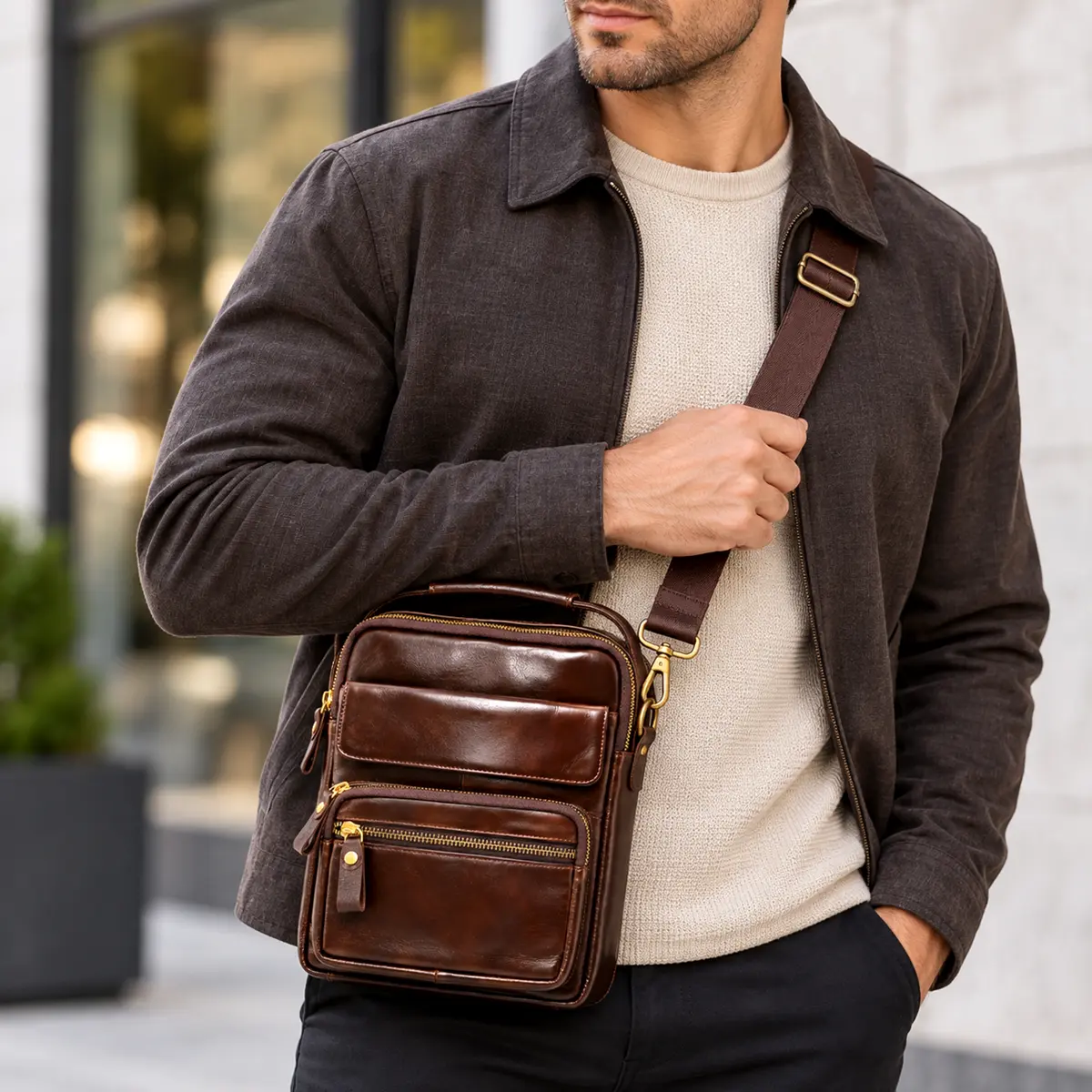 Geanta Borseta Barbati din Piele Naturala de Bovina Maro Vintage, 25x21 – Bareta de Umar Detasabila si Reglabila, Magrot 26048 2 Barbat purtand borseta din piele naturala maro Magrot crossbody – tinuta casual