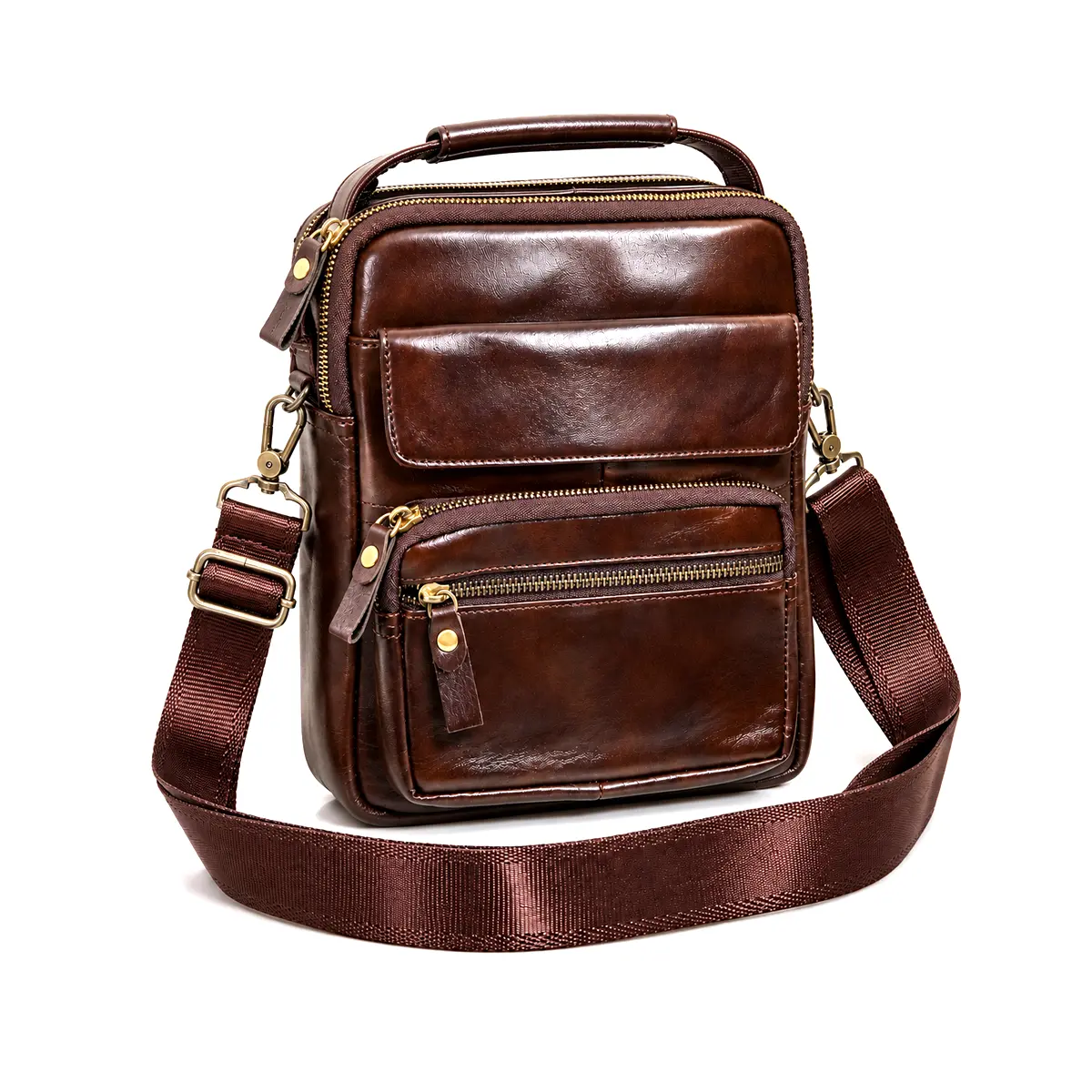 Geanta Borseta Barbati din Piele Naturala de Bovina Maro Vintage, 25x21 – Bareta de Umar Detasabila si Reglabila, Magrot 26048 3 Borseta barbati Magrot purtata crossbody – bareta textila reglabila lata