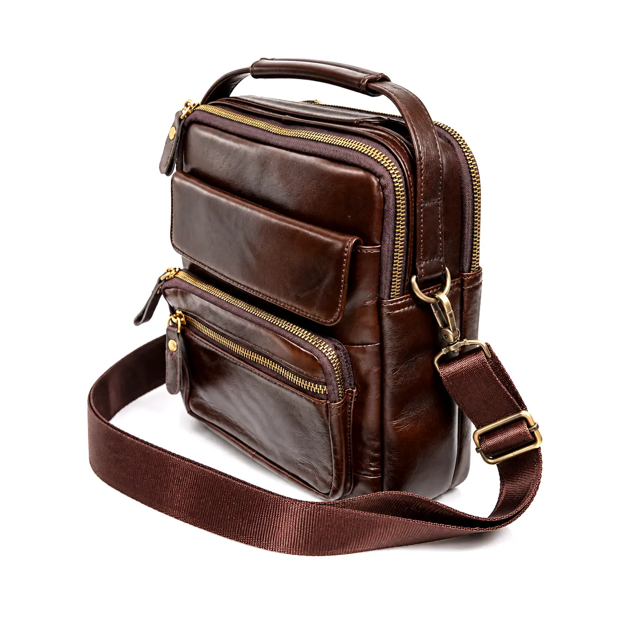 Geanta Borseta Barbati din Piele Naturala de Bovina Maro Vintage, 25x21 – Bareta de Umar Detasabila si Reglabila, Magrot 26048 4 Borseta barbati piele naturala – buzunar frontal cu clapeta magnetica si buzunar cu fermoar