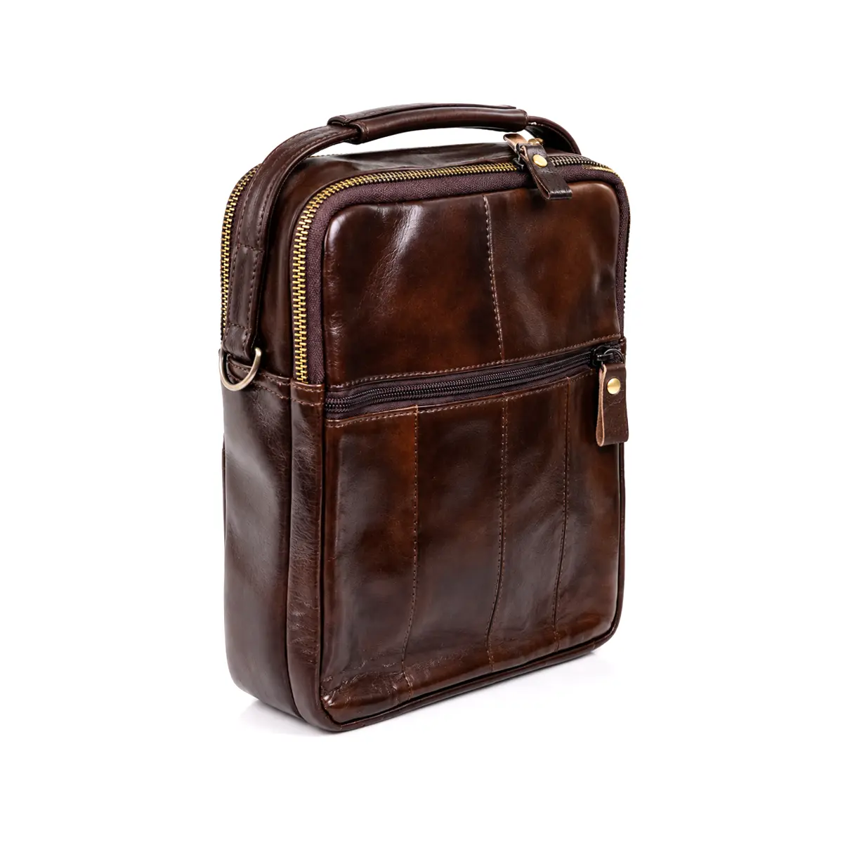 Geanta Borseta Barbati din Piele Naturala de Bovina Maro Vintage, 25x21 – Bareta de Umar Detasabila si Reglabila, Magrot 26048 5 Borseta barbati Magrot – vedere laterala cu buzunar cu fermoar si maner de mana