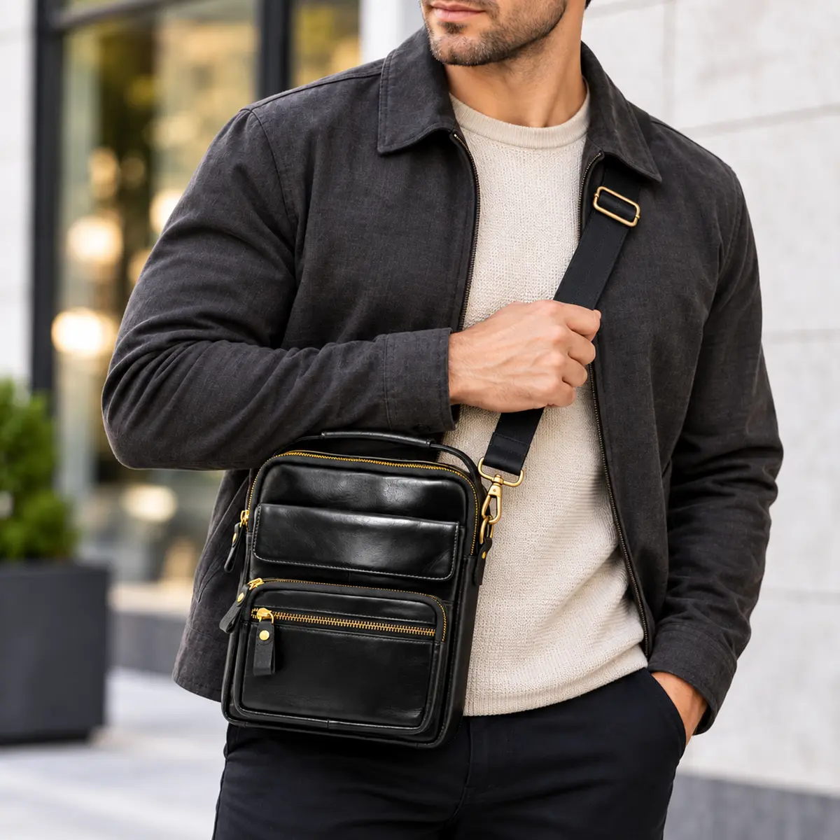 Geanta Borseta Barbati din Piele Naturala de Bovina Negru, 25x21 – Bareta de Umar Detasabila si Reglabila, Magrot 26049 2 Barbat purtand borseta din piele naturala Negru Magrot crossbody – tinuta casual