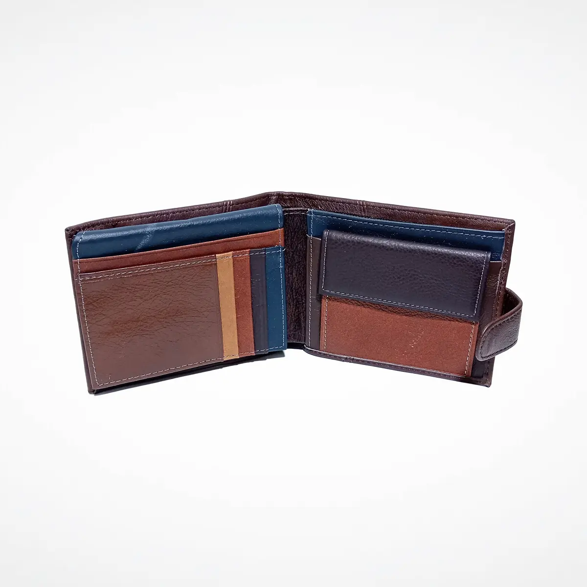 Portofel Barbatesc din Piele Naturala Maro interior multicolor Inchidere cu Capsa – 7 Sloturi pentru Carduri, Buzunar Maruntis - Fereastra CI. - Magrot 26047 3 Portofel barbati Magrot deschis – 7 sloturi carduri si interior piele multicolora