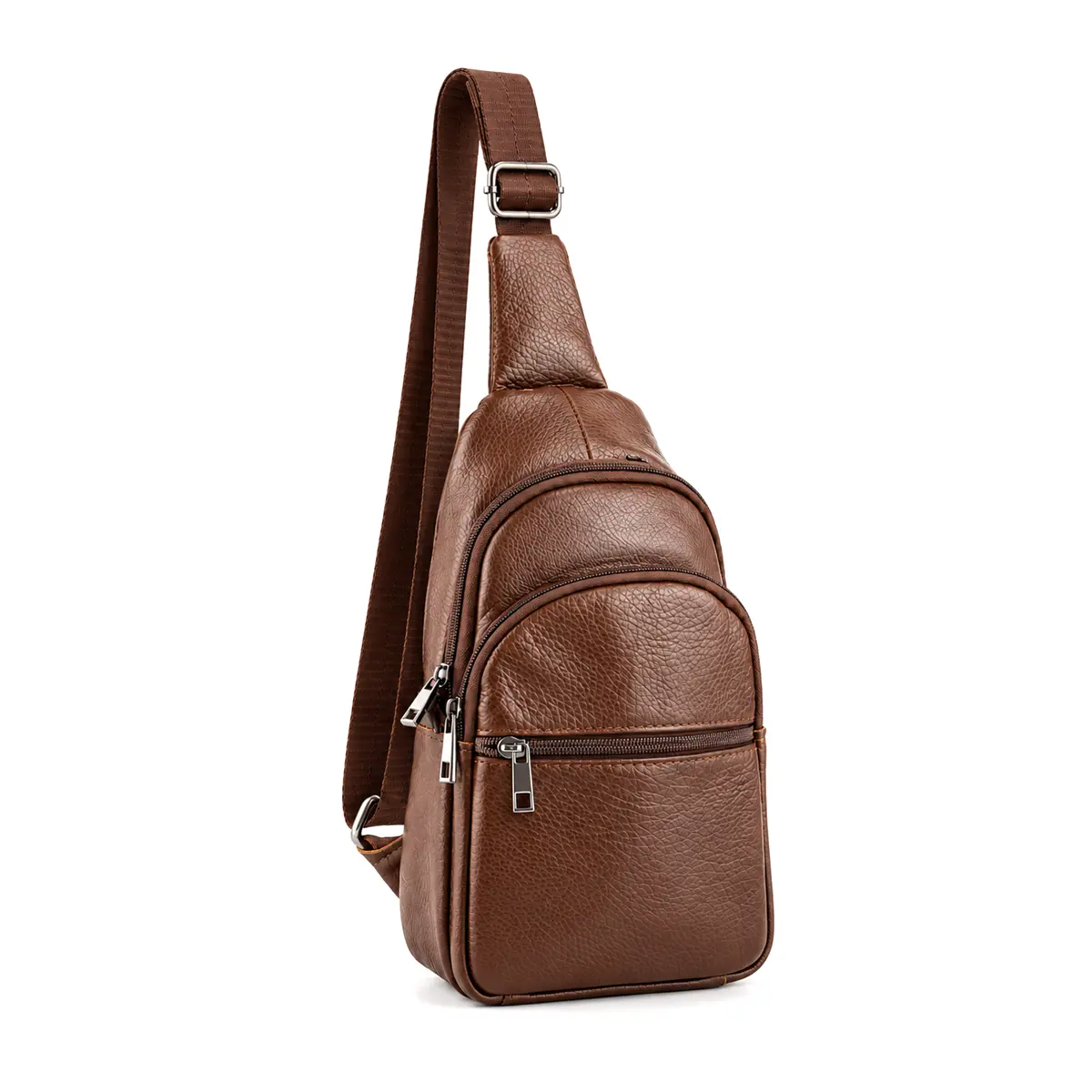 Borseta Rucsac Crossbody din Piele Naturala, Maro deschis, 30x16x10 cm, Bareta Reglabila – Magrot 26052 1 Borseta rucsac crossbody din piele naturala de bovina, maro deschis, 30x16x10 cm, Magrot 26052 – vedere frontala cu fermoare duble si bareta textila reglabila