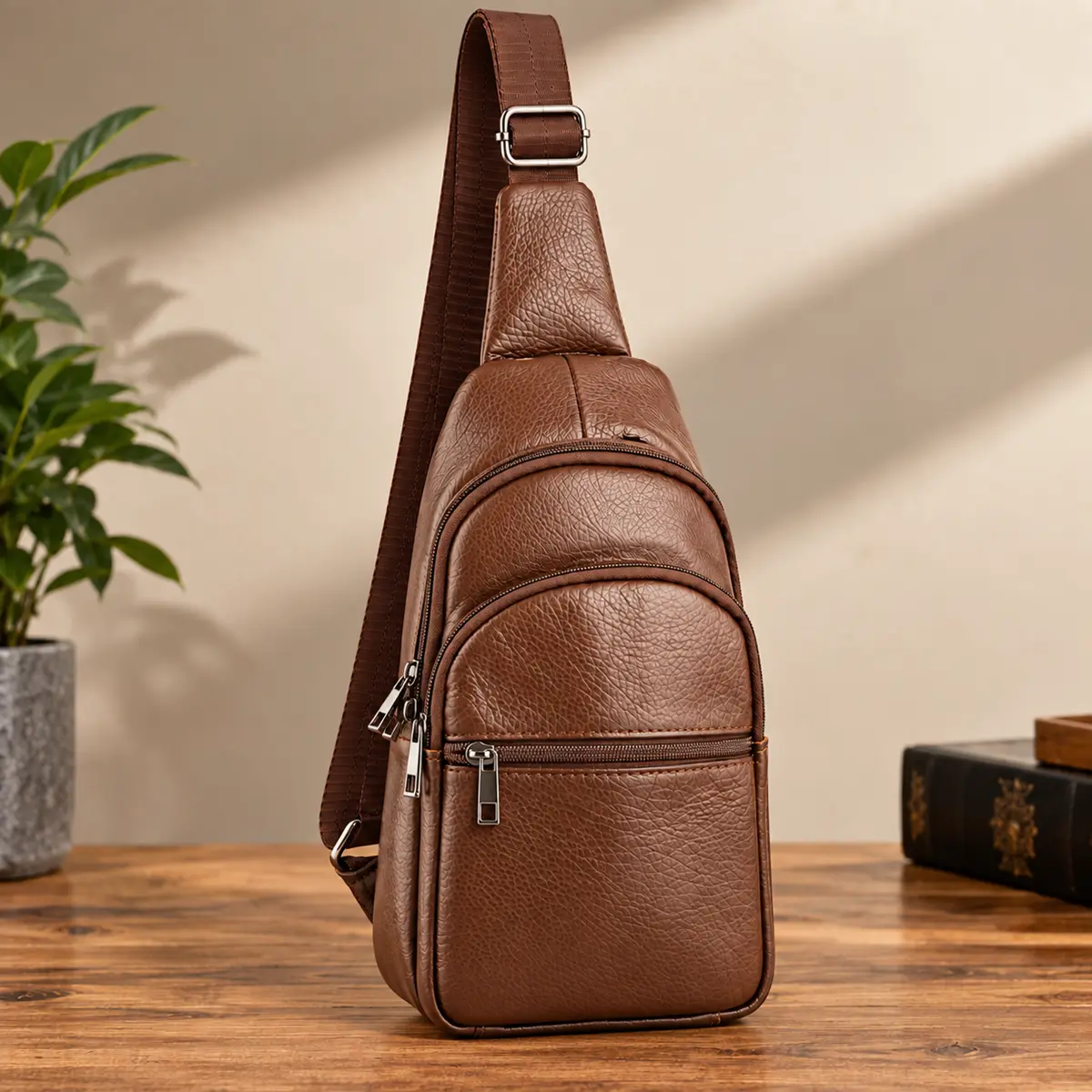Borseta Rucsac Crossbody din Piele Naturala, Maro deschis, 30x16x10 cm, Bareta Reglabila – Magrot 26052 3 Borseta sling barbati din piele naturala de bovina cu textura granulata, maro deschis, glisoare metalice argintii, Magrot 26052 – vedere ambient pe masa de lemn