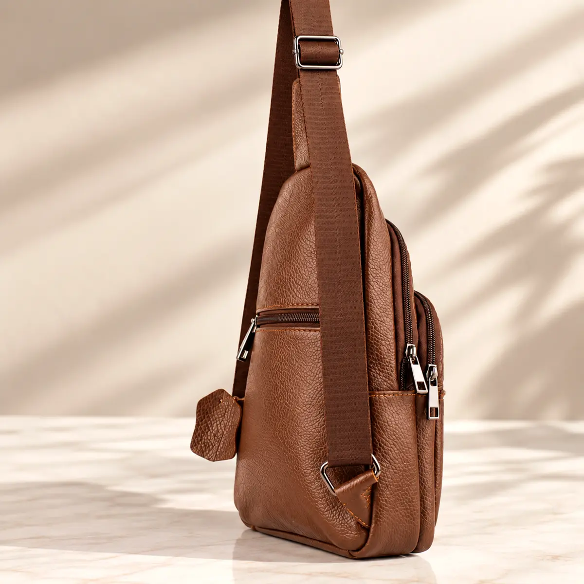 Borseta Rucsac Crossbody din Piele Naturala, Maro deschis, 30x16x10 cm, Bareta Reglabila – Magrot 26052 4 Borseta crossbody piele naturala maro deschis Magrot 26052 – vedere laterala cu bareta textila reglabila, catarama metalica si aplicatie decorativa din piele