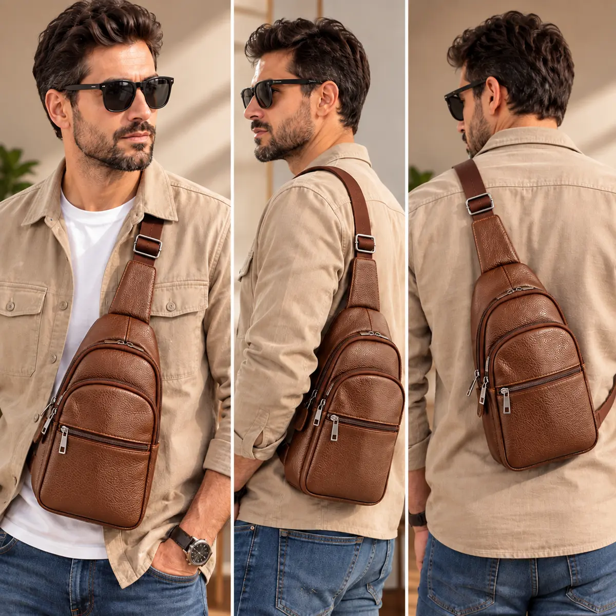 Borseta Rucsac Crossbody din Piele Naturala, Maro deschis, 30x16x10 cm, Bareta Reglabila – Magrot 26052 2 Barbat purtand borseta rucsac din piele naturala maro deschis Magrot 26052 in 3 moduri: crossbody pe piept, pe umar si pe spate – stil pespas, tinuta casual