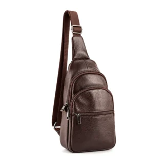 Borseta rucsac crossbody din piele naturala de bovina, maro inchis, 30x16x10 cm, Magrot 26051 – vedere frontala cu fermoare duble si bareta textila reglabila