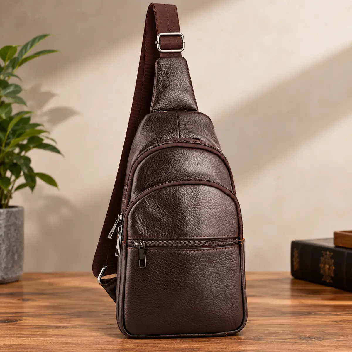 Borseta Rucsac Crossbody din Piele Naturala, Maro Inchis, 30x16x10 cm, Bareta Reglabila – Magrot 26051 3 Borseta sling barbati din piele naturala de bovina cu textura granulata, maro inchis, glisoare metalice argintii, Magrot 26051 – vedere ambient pe masa de lemn