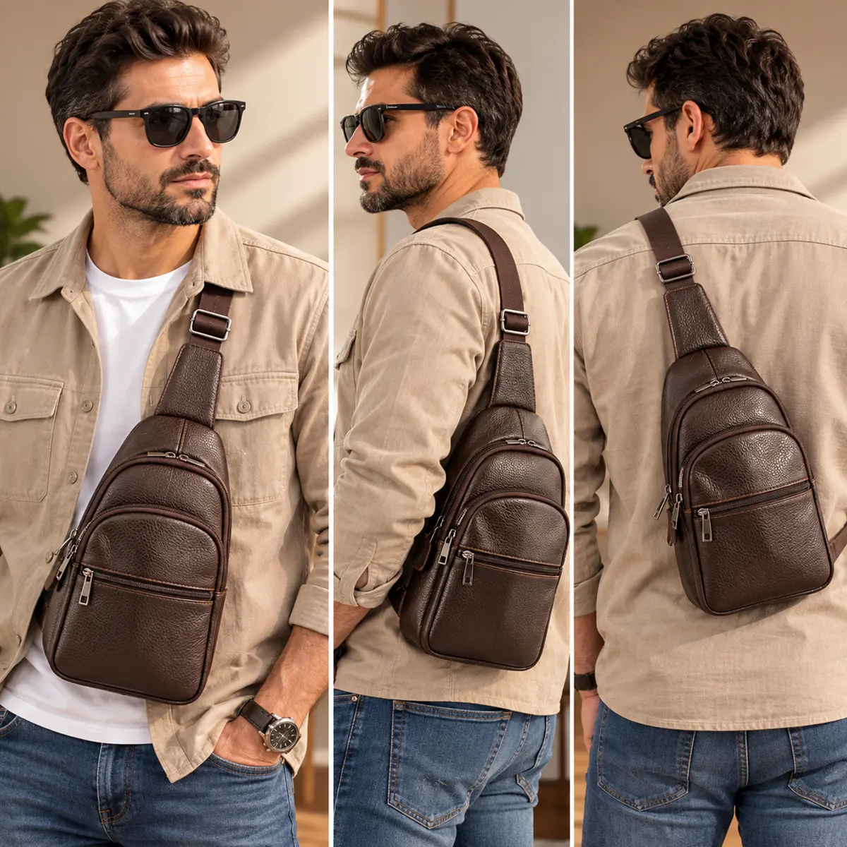 Borseta Rucsac Crossbody din Piele Naturala, Maro Inchis, 30x16x10 cm, Bareta Reglabila – Magrot 26051 2 Barbat purtand borseta rucsac din piele naturala maro inchis Magrot 26051 in 3 moduri: crossbody pe piept, pe umar si pe spate – stil pespas, tinuta casual