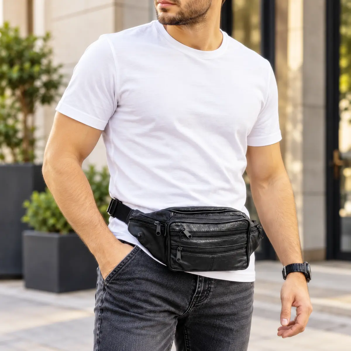 Borseta de brau barbati piele naturala neagra, 37 x 14 cm, multi buzunare fermoar, curea reglabila, Magrot 26058 2 Barbat purtand borseta de brau din piele naturala neagra Magrot cu curea reglabila, in tinuta casual