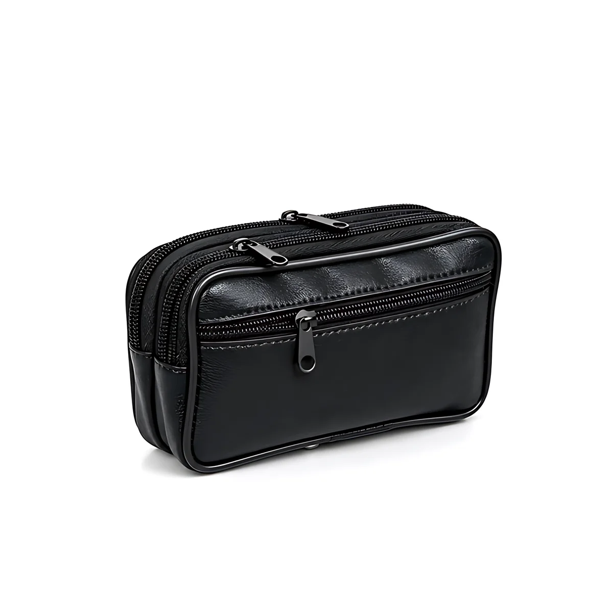Borseta de curea barbati din piele naturala neagra, 16 x 9 cm, 3 buzunare fermoar, Magrot 26059 3 Borseta de curea Magrot 26059 din piele naturala neagra, vedere inclinata, cu doua compartimente si buzunar frontal cu fermoar