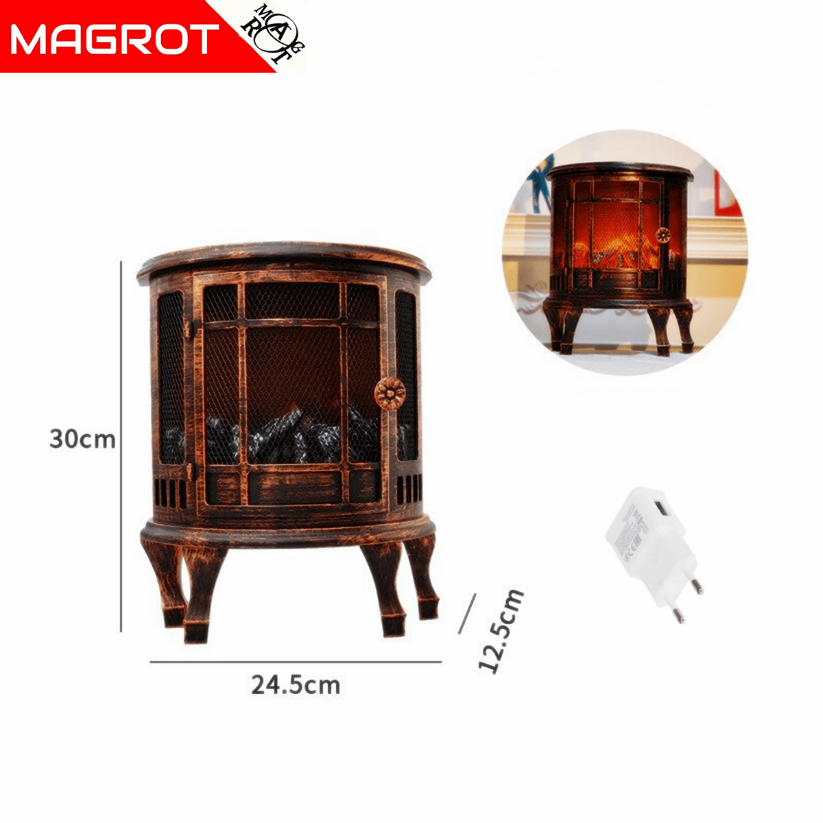 Lampa decorativa, mini semineu tip soba, 30 x 24,5, simulare foc, Magrot 039